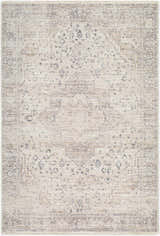 Close-up of the Dalila Area Rug. Beige, charcoal, cream, gray, and tan traditional rug with a farmhouse design. Design-Rectangle-575