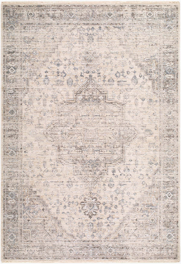 Close-up of the Jaru Gray Vintage Medallion Area Rug. Beige rug with gray, cream, and light gray vintage medallion pattern. Design-Rectangle-575