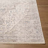Close-up of the Jaru Gray Vintage Medallion Rug. Beige, cream, and gray tones with a traditional medallion pattern. Front