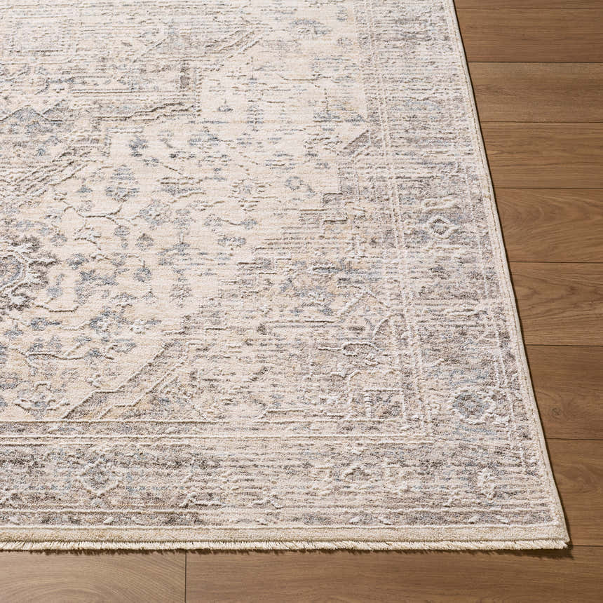 Close-up of the Jaru Gray Vintage Medallion Rug. Beige, cream, and gray tones with a traditional medallion pattern. Front