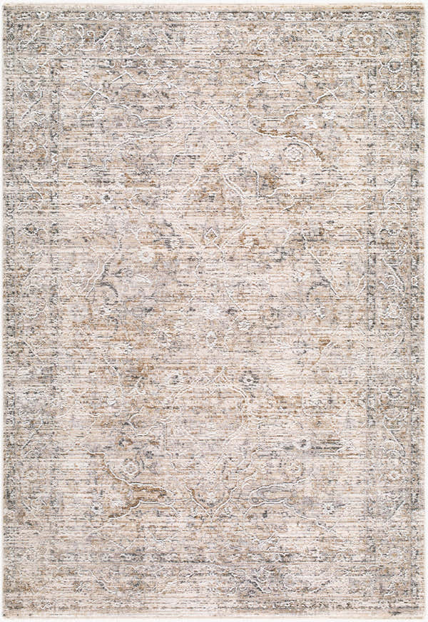 Close-up of the Pinee Light Gray Persian rug. Machine woven polyester rug with beige, cream, and gray traditional pattern. Design-Rectangle-575