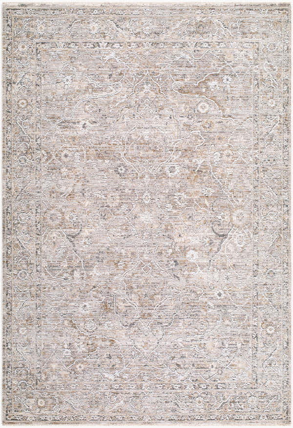 Close-up of the Logao Light Gray Persian Area Rug. Machine woven polyester with beige, charcoal, and cream floral pattern. Design-Rectangle-575