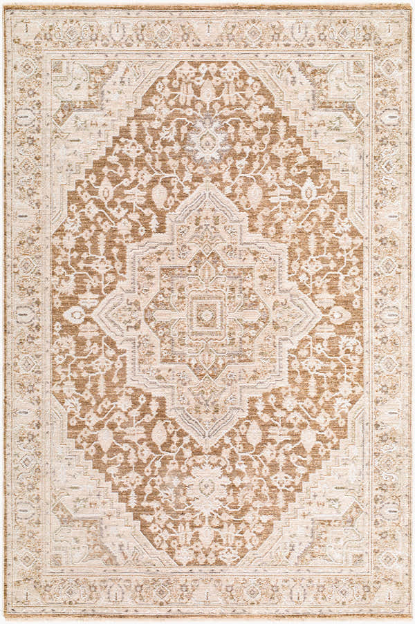 Detailed Pexi Gray Medallion rug. Machine woven polyester rug with beige, cream, gray, olive, and tan colors. Traditional farmhouse style. Design-Rectangle-575