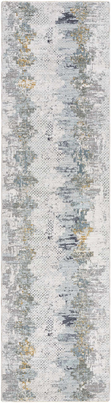 Close-up of the Lalo Textured Rug with Fringes. Features a contemporary design in dusty sage, ink blue, and mustard on an off-white base. Design-Runner-2710