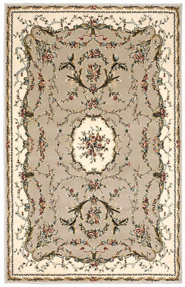 Close-up of the Nourison Bordeaux Cream Aubusson Area Rug, featuring a floral pattern and cream and beige tones.