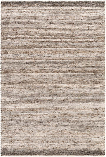 Close-up of the hand woven Banjo Brown Area Rug. Features beachhouse, gray, and brown recycled PET yarn. Design-Rectangle-576