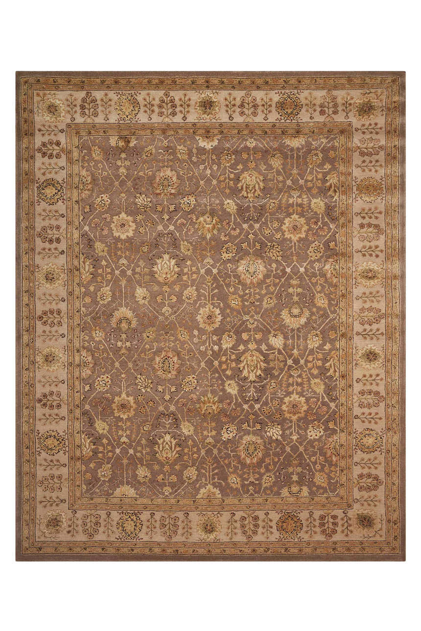 Detailed Nourison 3000 Taupe Persian rug featuring a floral pattern and ivory border. Handmade wool and silk area rug.