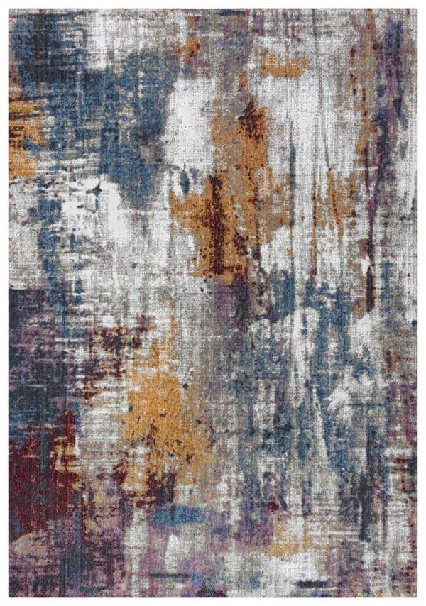 Close-up of the Rizzy SGN699 area rug. Abstract design with blue, gray, ivory, pink, purple, and red hues. Design-Rectangle