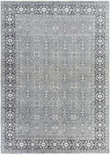 Close-up of the hand-knotted Sherwood Area Rug. Bohemian style with ice blue, ink blue, and teal oriental rug pattern. Design-Rectangle-811
