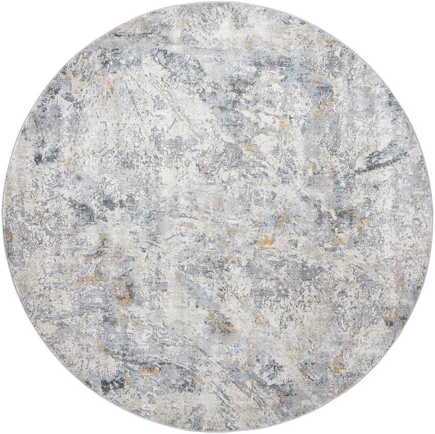 Round Amzie Area Rug with a contemporary abstract design in cloud gray, dark gray, and nutmeg colors. Design-Round-710
