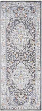 Detailed view of the Hayfa Area Rug; a traditional rug in dark gray, light gray, and orange tones. Design-Runner-2773