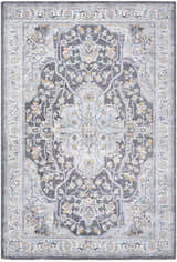 Close-up of the Hayfa Area Rug, a traditional design in dark gray, light gray, and gold tones. Machine-woven texture. Design-Rectangle-575