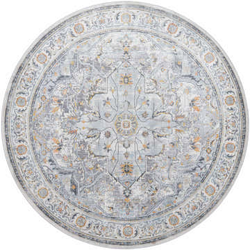 Round Hewez Area Rug in cloud gray, dark gray, and nutmeg. Machine-woven traditional rug with floral medallion pattern. Design-Round-710