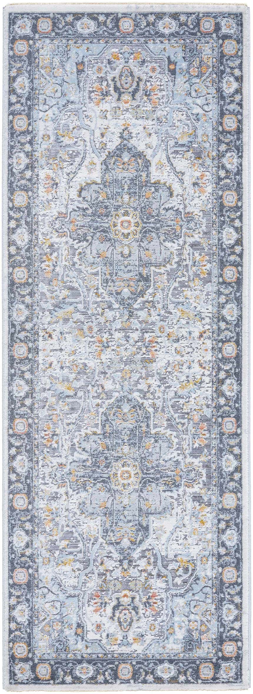 Close-up of the Hovan Area Rug - Clearance. Traditional rug with cloud gray, dark gray, and light gray floral pattern. Design-Runner-2773