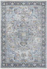 Close-up of the Hovan Area Rug. Traditional design in cloud gray, dark gray, light gray, and hints of orange. Design-Rectangle-575