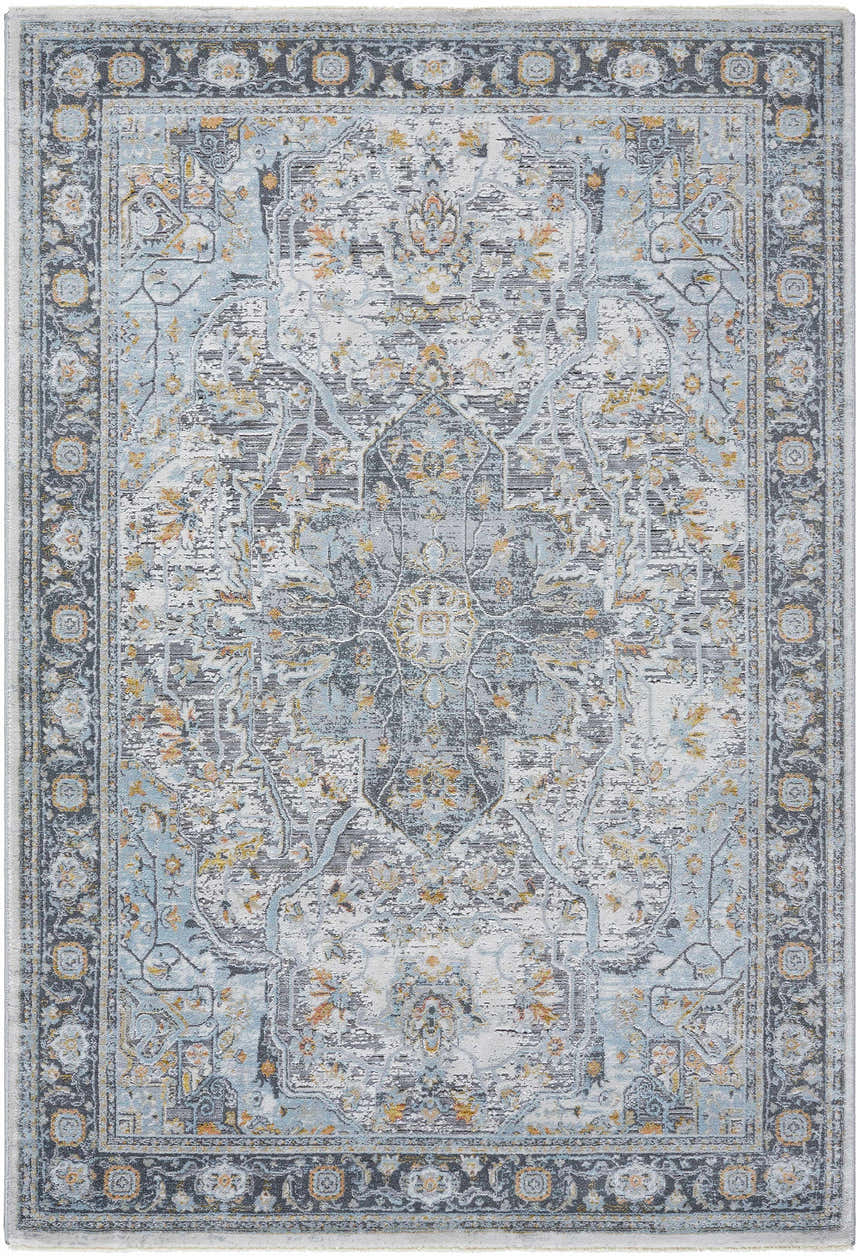 Close-up of the Hovan Area Rug. Traditional design in cloud gray, dark gray, light gray, and hints of orange. Design-Rectangle-575