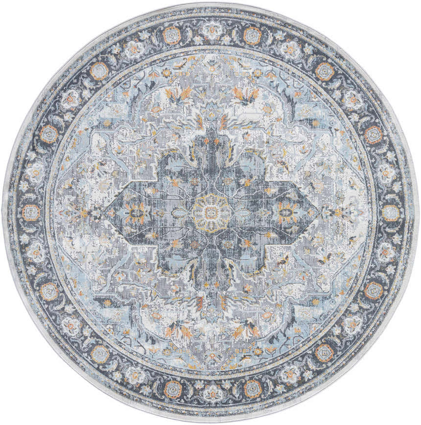 Round Hovan Area Rug in cloud gray, dark gray, and light gray. Traditional floral medallion pattern. Design-Round-710