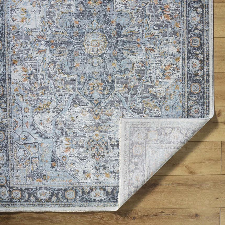 Close-up of the Hovan Area Rug showing its gray, blue, and gold traditional pattern and machine-woven texture. Fold