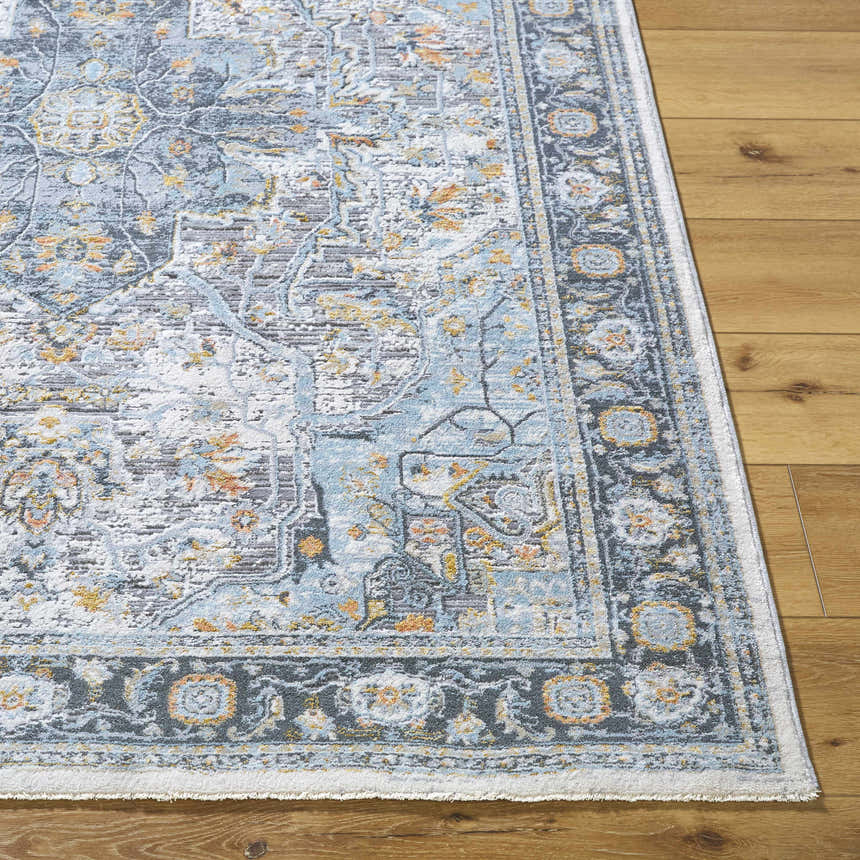 Close-up of the Hovan Area Rug, a traditional style rug in cloud gray, light blue, and gold on a wood floor. Front