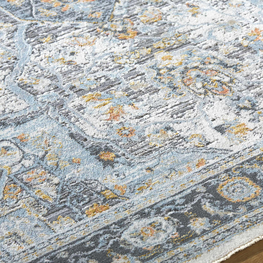 Close-up of the Hovan Area Rug showing its traditional pattern, gray, light blue, and gold colors, and soft texture. Texture