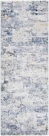 Close-up of the Hyman Area Rug - Clearance. Features a contemporary design with camel, gray, and denim colors. Design-Runner-2773