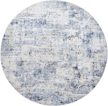 Close-up of a round Hyman Area Rug, clearance item, with a contemporary design in denim, gray, and camel hues. Design-Round-710