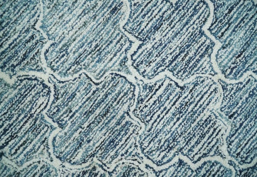 Blue and Ivory Modern Geometric Hand Tufted Natural Wool Rug