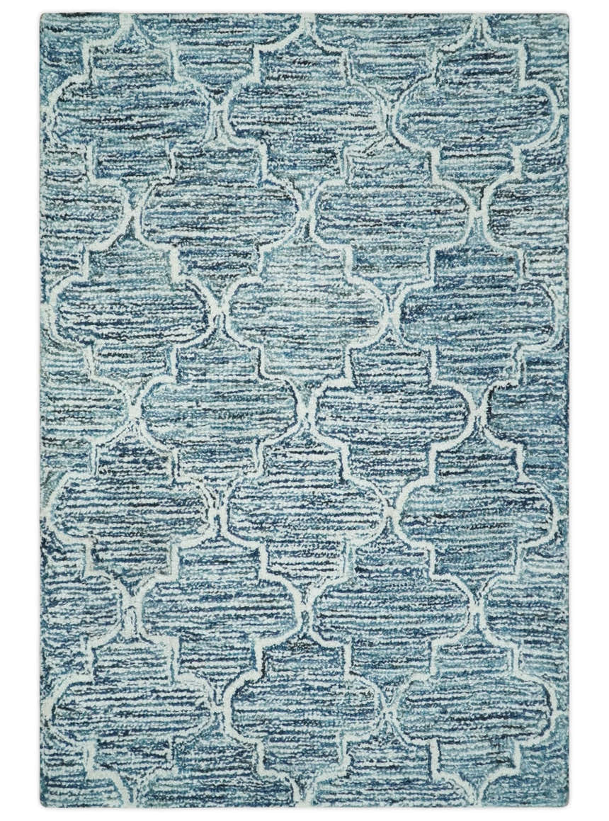 Blue and Ivory Modern Geometric Hand Tufted Natural Wool Rug