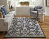 Living room scene with Feizy Prescott blue floral rug, gray armchair, and white sofa. Roomscene-Rectangle