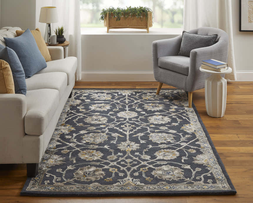 Living room scene with Feizy Prescott blue floral rug, gray armchair, and white sofa. Roomscene-Rectangle