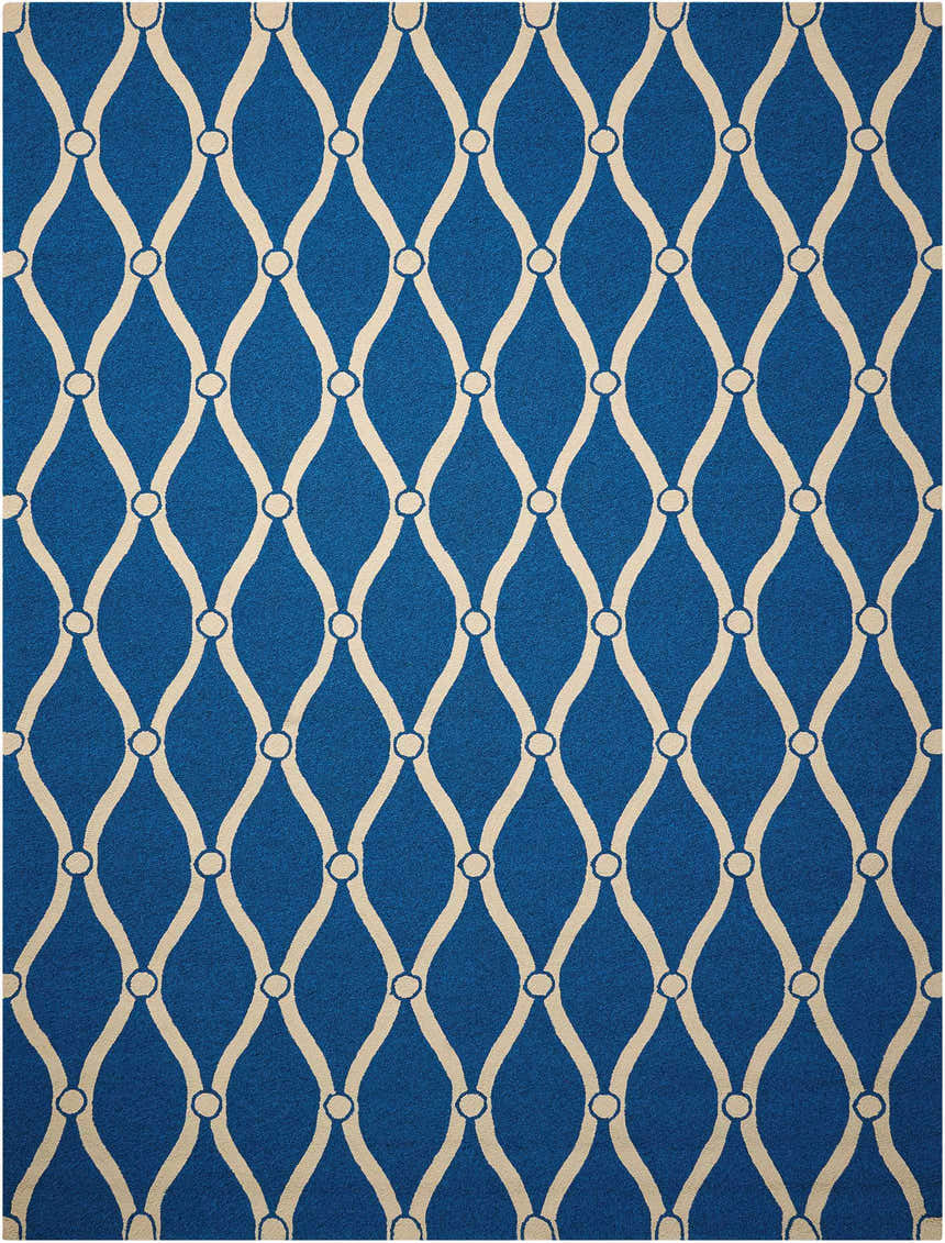Close-up of Nourison Portico Navy Colorful Area Rug with a cream trellis pattern on a blue background.