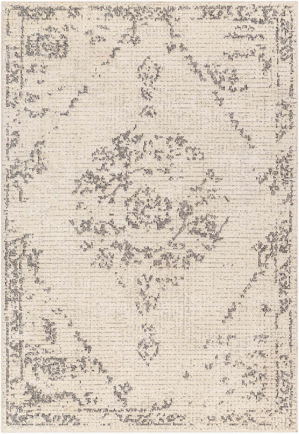 Close-up of the Tait Area Rug. Bone rug with a traditional dark gray pattern. Machine woven polyester rug. Design-Rectangle-537