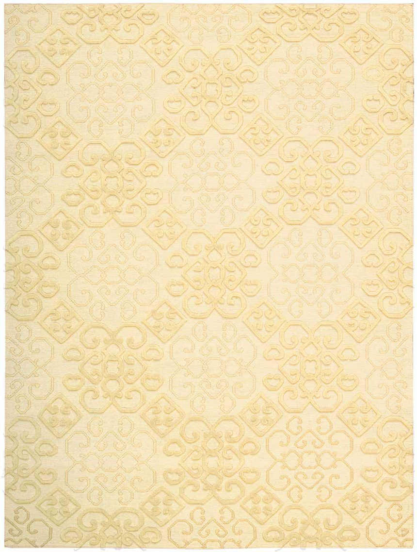 Close-up of the beige Nourison Ambrose Linen rug. Features a subtle geometric and floral pattern, handmade with wool and cotton.