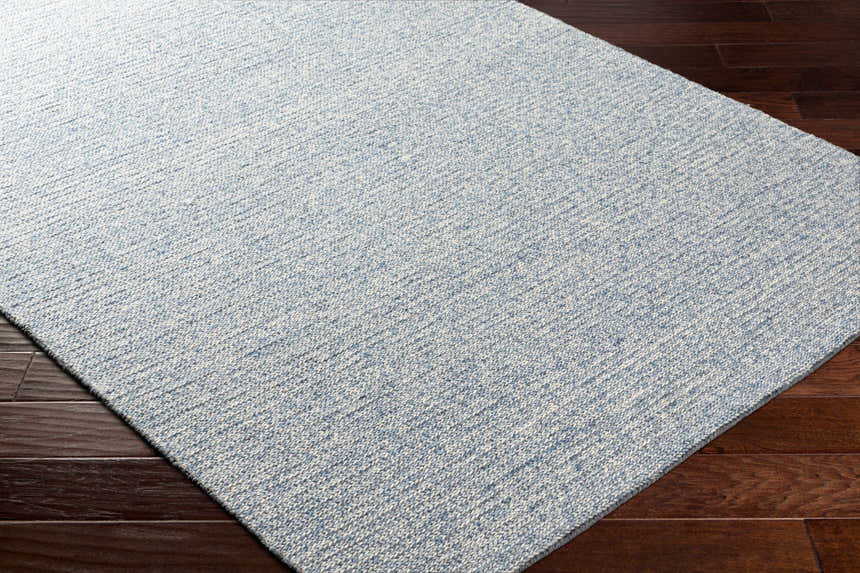 Close-up of the hand woven Alyra Light Blue Solid Area Rug showing texture and color on dark wood flooring. Corner