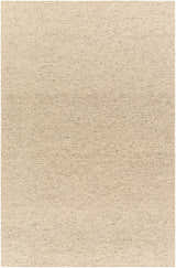 Close-up of the hand-woven Alyra Beige Solid Area Rug. Features a textured, neutral lambswool color with subtle brown flecks. Design-Rectangle-576