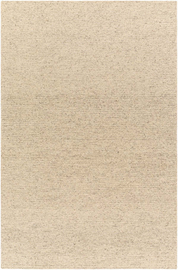 Close-up of the hand-woven Alyra Beige Solid Area Rug. Features a textured, neutral lambswool color with subtle brown flecks. Design-Rectangle-576