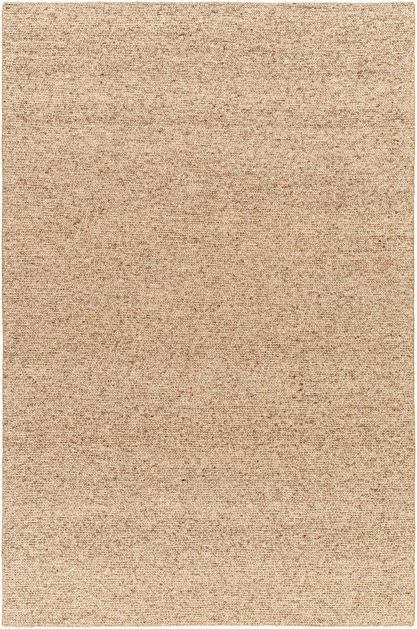 Close-up of the hand woven Alyra Tan Solid Area Rug, showing texture and subtle shades of brown, taupe, and lambswool. Design-Rectangle-576