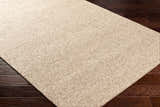 Close-up of the hand woven Alyra Tan Solid Area Rug showing texture and color on dark brown wood flooring. Corner