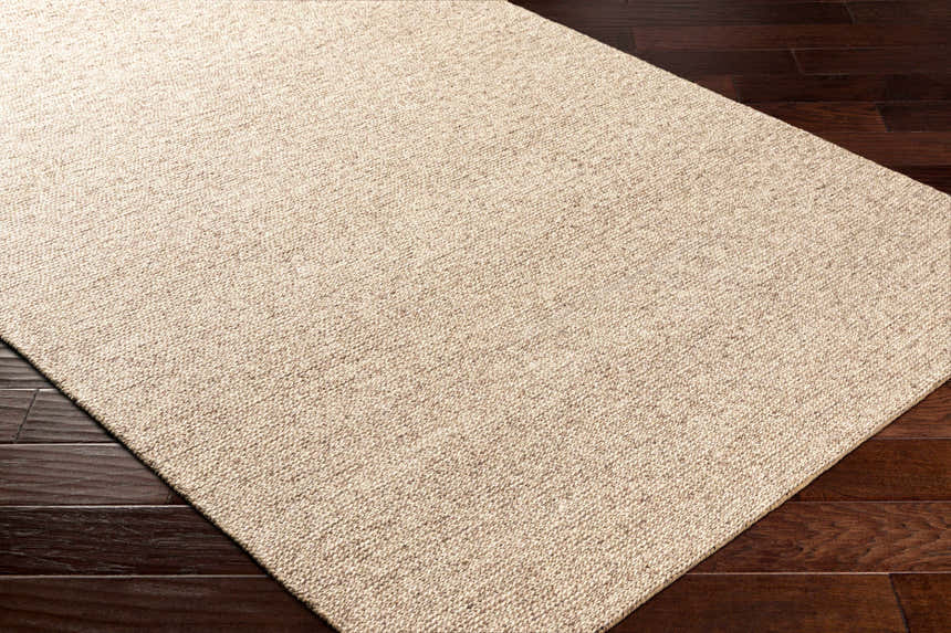 Close-up of the hand woven Alyra Tan Solid Area Rug showing texture and color on dark brown wood flooring. Corner