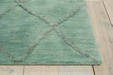Close up of the aqua Nourison Lunette rug showing wool texture and geometric design.