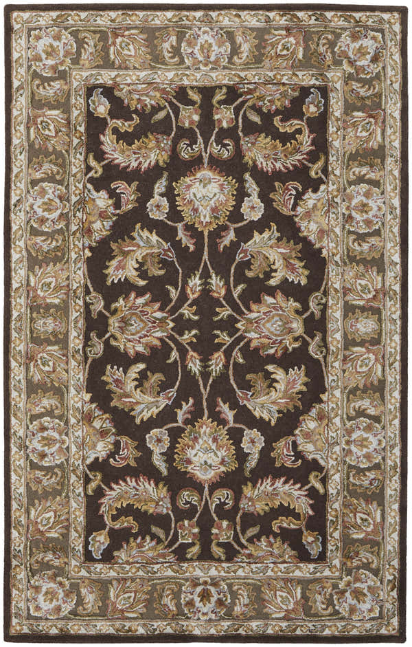 Close-up of the Feizy Prescott rug. Traditional oriental design in brown, tan, ivory, and dark red floral patterns. Design-Rectangle