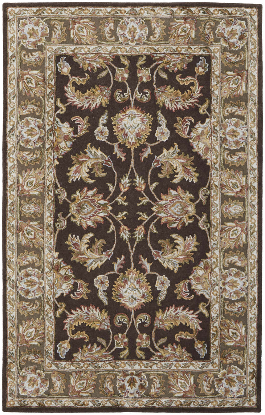 Close-up of the Feizy Prescott rug. Traditional oriental design in brown, tan, ivory, and dark red floral patterns. Design-Rectangle