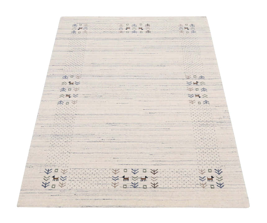 Solid Ivory Border Patterns Hand Loomed Wool Area Rug