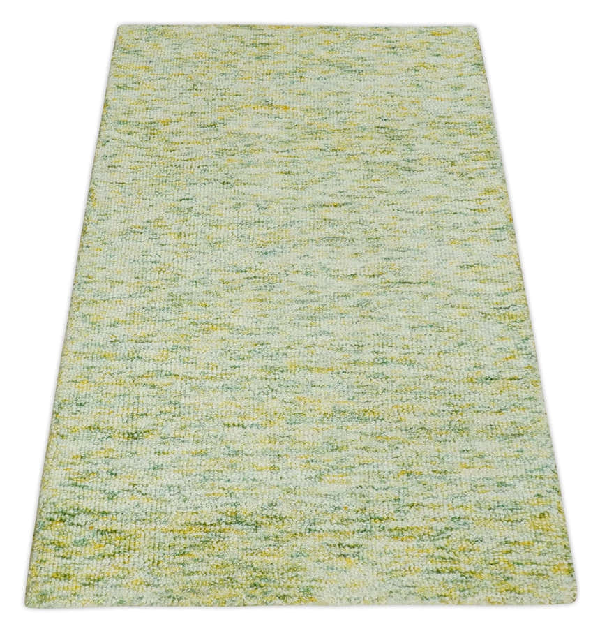 Custom Made Solid Moss Green Ivory and Gold Abstract Hand Tufted Natural Wool Area Rug