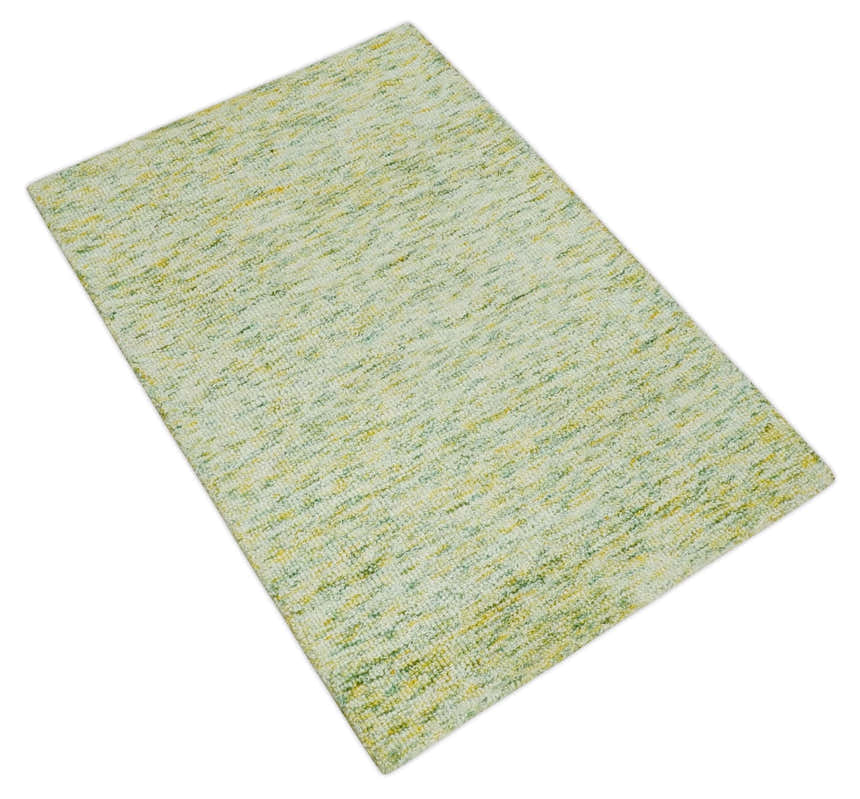 Custom Made Solid Moss Green Ivory and Gold Abstract Hand Tufted Natural Wool Area Rug