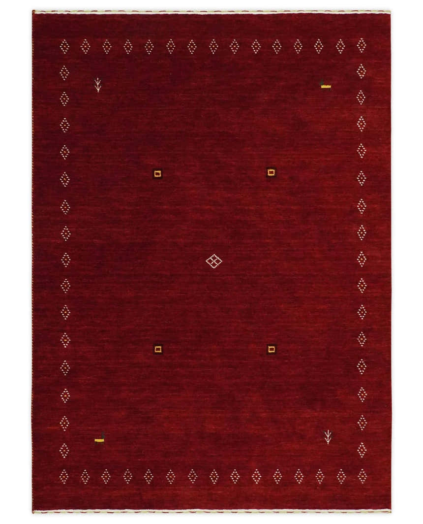 Solid Plain Maroon Geometrical Design Hand loom Custom made wool area Rug
