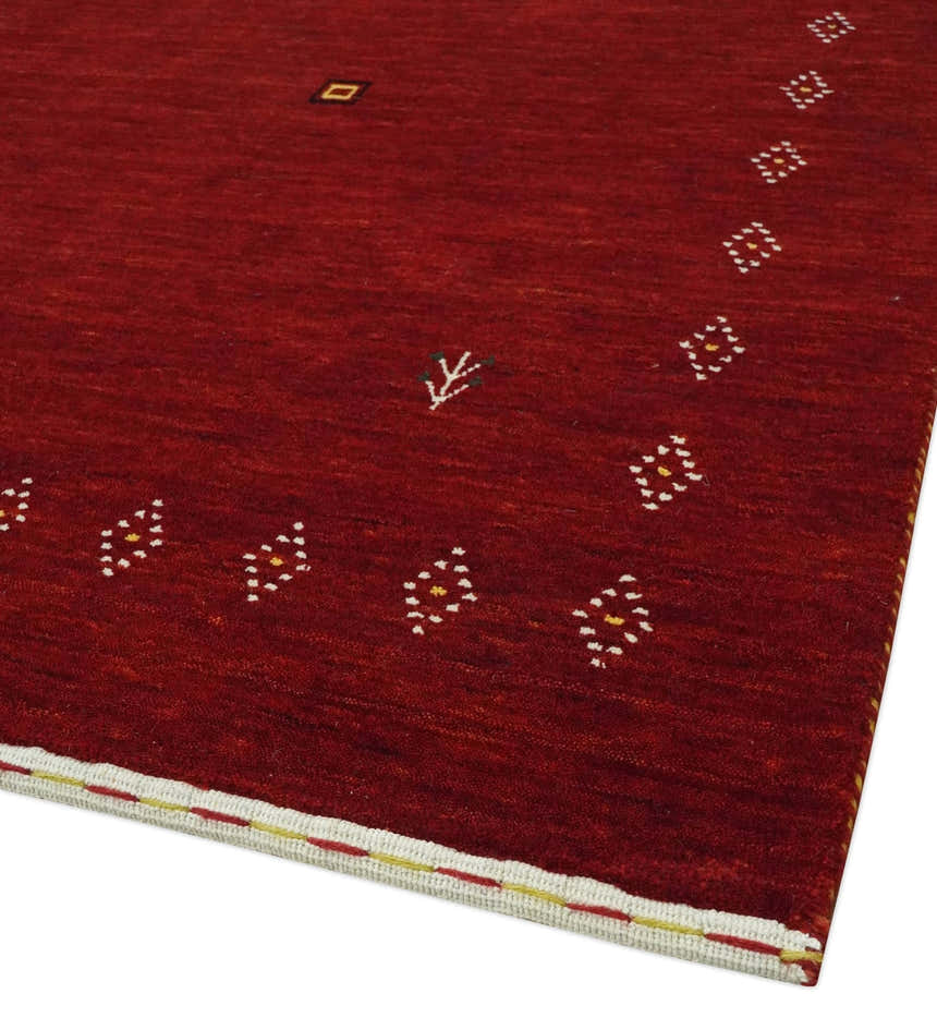 Solid Plain Maroon Geometrical Design Hand loom Custom made wool area Rug
