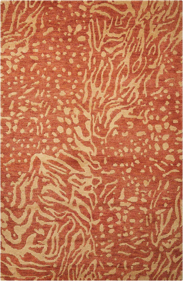 Close up of Nourison Tahoe Modern Rust/Beige rug. Abstract pattern in rust and beige. Handmade wool texture.