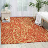 Bright living room with Nourison Tahoe Rust/Beige rug, a modern wool rug with abstract pattern on wood floor.