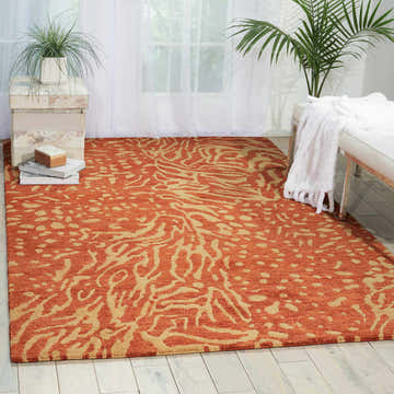 Bright living room with Nourison Tahoe Rust/Beige rug, a modern wool rug with abstract pattern on wood floor.